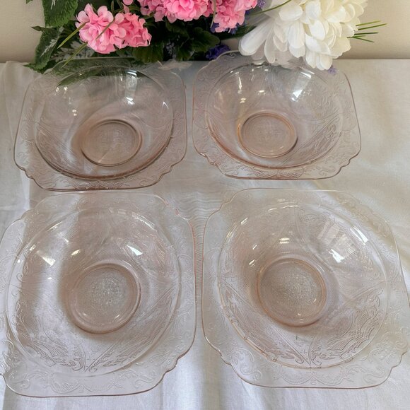 Vintage Federal Glass Madrid Pink Depression Glass Bowls 1930s Scalloped Square - Picture 3 of 4
